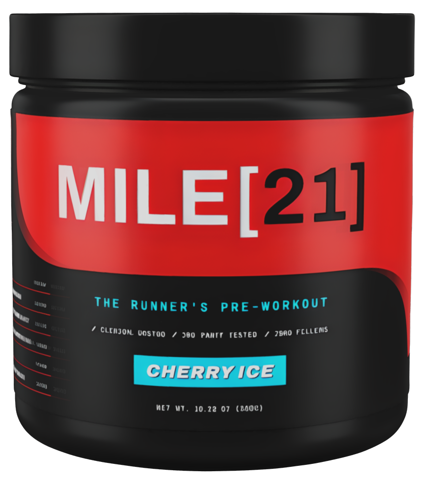 Mile 21 Endurance Pre-Workout for runners - gut-friendly cherry ice formula designed for marathon training